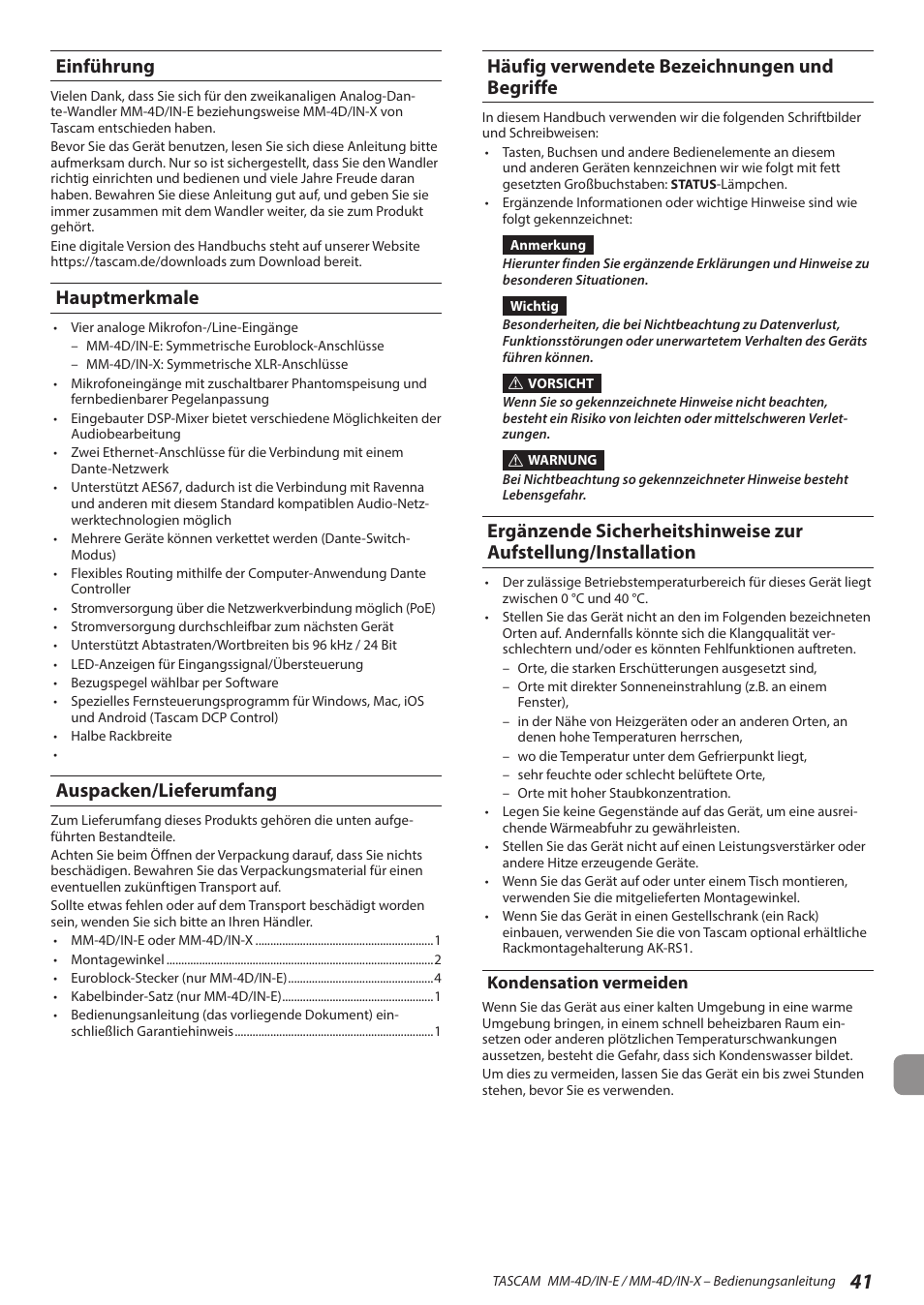 Einführung, Hauptmerkmale, Auspacken/lieferumfang | Häufig verwendete bezeichnungen und begriffe, Kondensation vermeiden, Ergänzende sicherheitshinweise zur auf, Stellung/installation | Tascam MM-4D/IN-E 4-Channel Mic/Line Input Dante Converter with Built-In DSP Mixer User Manual | Page 41 / 82