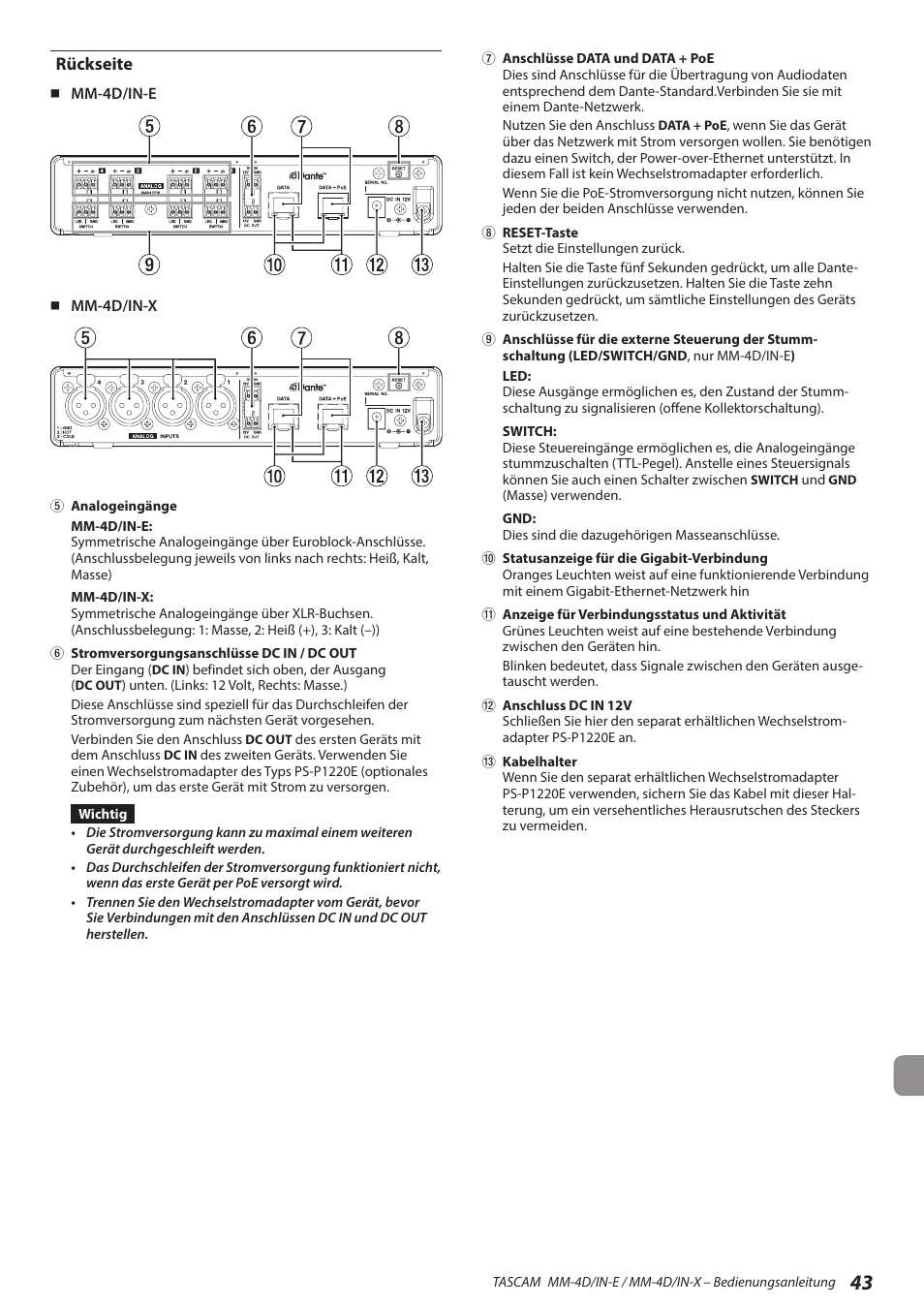 Rückseite | Tascam MM-4D/IN-E 4-Channel Mic/Line Input Dante Converter with Built-In DSP Mixer User Manual | Page 43 / 82