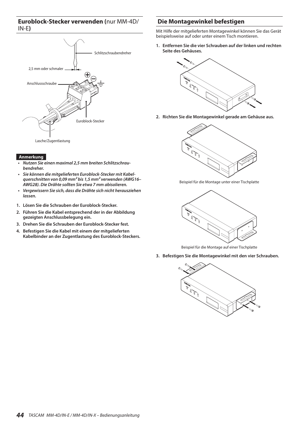 Euroblock-stecker verwenden (nur mm-4d/in-e), Die montagewinkel befestigen, Euroblock-stecker verwenden | Nur mm-4d/in-e, Euroblock-stecker verwenden ( nur mm-4d/ in-e ) | Tascam MM-4D/IN-E 4-Channel Mic/Line Input Dante Converter with Built-In DSP Mixer User Manual | Page 44 / 82