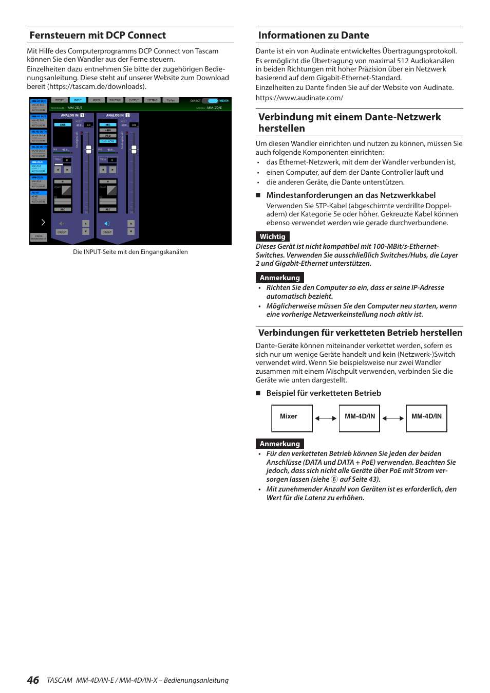 Fernsteuern mit dcp connect, Informationen zu dante, Verbindung mit einem dante-netzwerk herstellen | Verbindungen für verketteten betrieb herstellen | Tascam MM-4D/IN-E 4-Channel Mic/Line Input Dante Converter with Built-In DSP Mixer User Manual | Page 46 / 82