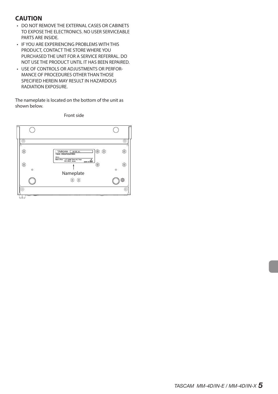 Caution | Tascam MM-4D/IN-E 4-Channel Mic/Line Input Dante Converter with Built-In DSP Mixer User Manual | Page 5 / 82