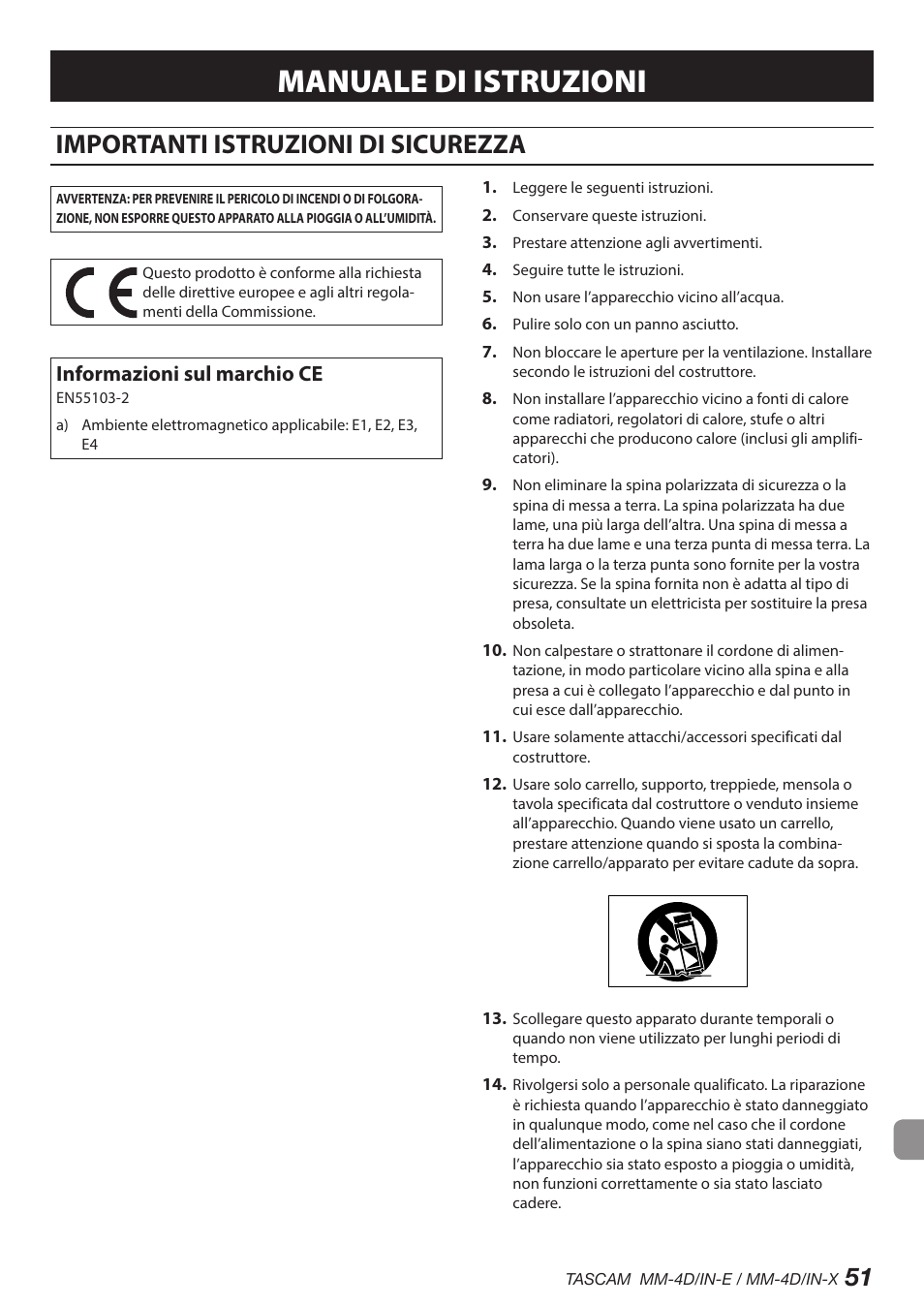 Italiano, Importanti istruzioni di sicurezza, Manuale di istruzioni | Informazioni sul marchio ce | Tascam MM-4D/IN-E 4-Channel Mic/Line Input Dante Converter with Built-In DSP Mixer User Manual | Page 51 / 82