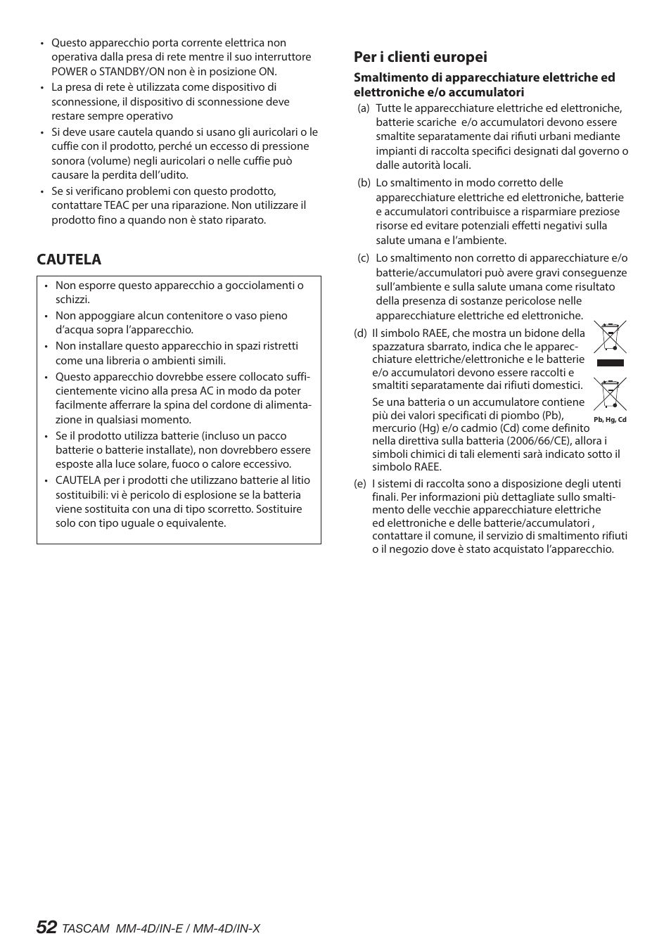 Cautela, Per i clienti europei | Tascam MM-4D/IN-E 4-Channel Mic/Line Input Dante Converter with Built-In DSP Mixer User Manual | Page 52 / 82