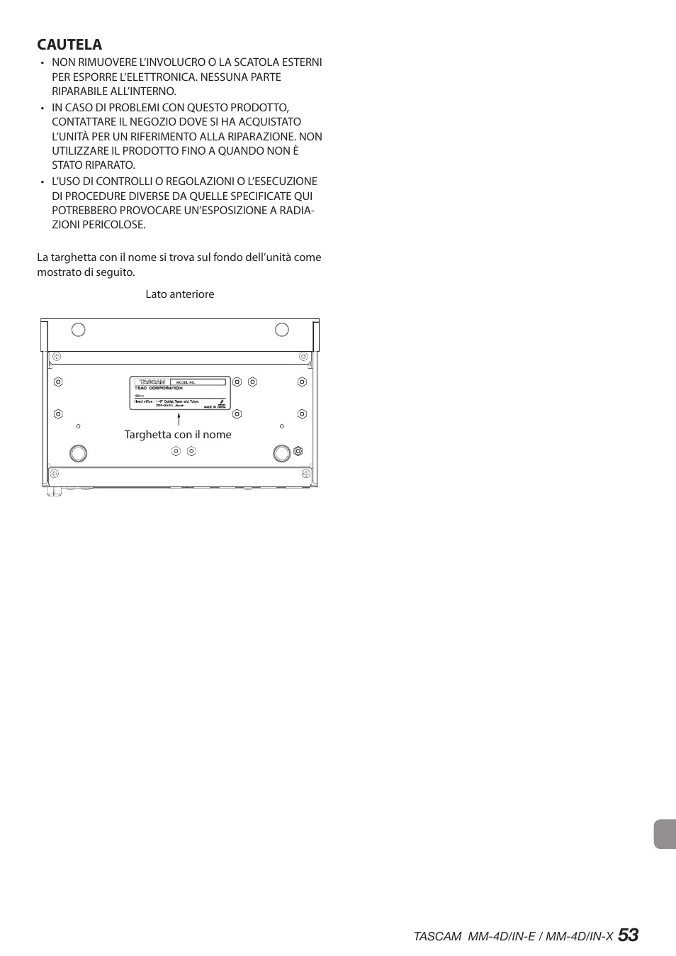 Cautela | Tascam MM-4D/IN-E 4-Channel Mic/Line Input Dante Converter with Built-In DSP Mixer User Manual | Page 53 / 82