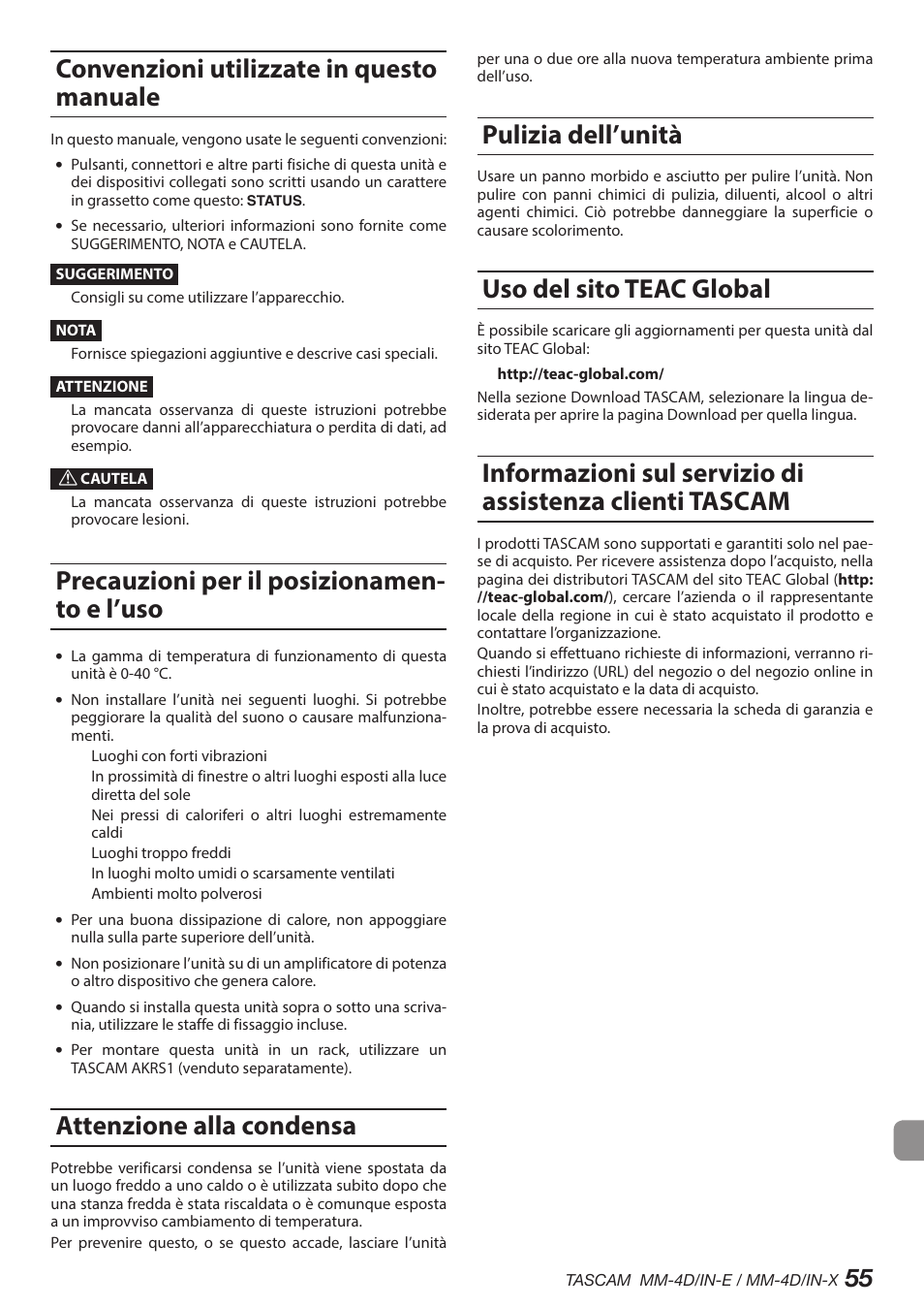 Convenzioni utilizzate in questo manuale, Precauzioni per il posizionamento e l’uso, Attenzione alla condensa | Pulizia dell’unità, Uso del sito teac global, Precauzioni per il posizionamen- to e l’uso | Tascam MM-4D/IN-E 4-Channel Mic/Line Input Dante Converter with Built-In DSP Mixer User Manual | Page 55 / 82