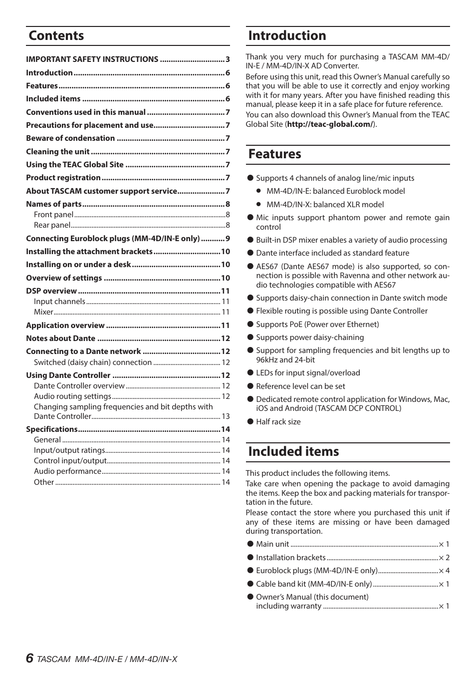 Tascam MM-4D/IN-E 4-Channel Mic/Line Input Dante Converter with Built-In DSP Mixer User Manual | Page 6 / 82