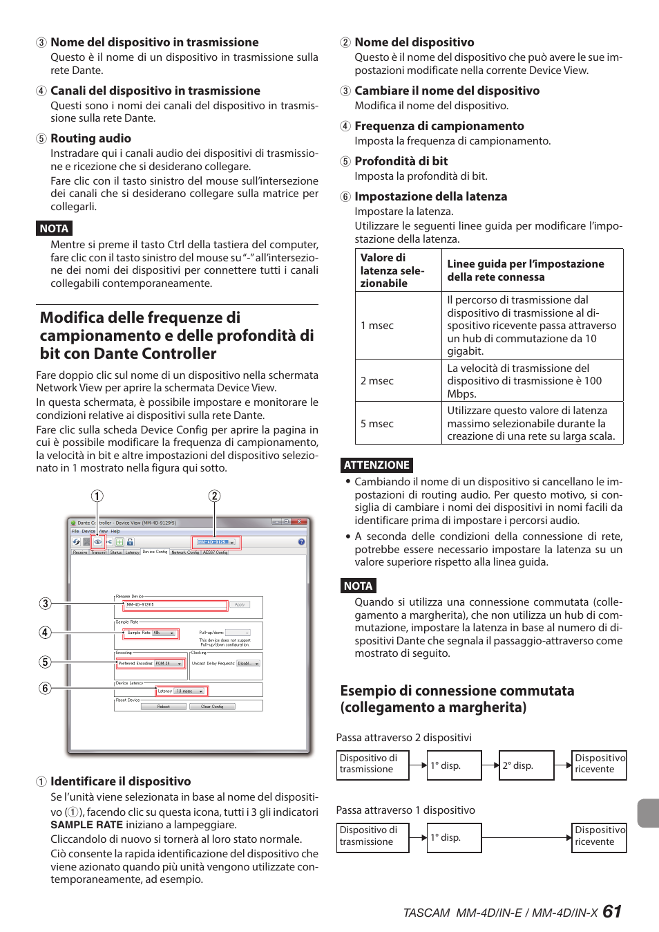 Modifica delle frequenze di campionamento e delle, Profondità di bit con dante controller | Tascam MM-4D/IN-E 4-Channel Mic/Line Input Dante Converter with Built-In DSP Mixer User Manual | Page 61 / 82
