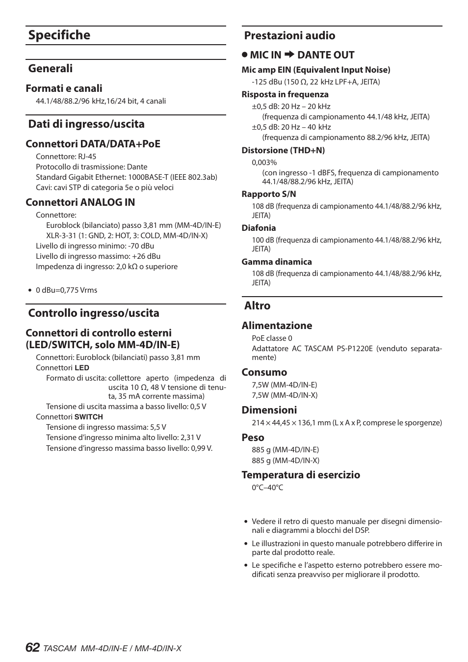 Specifiche, Generali, Dati di ingresso/uscita | Controllo ingresso/uscita, Prestazioni audio, Altro, Formati e canali, Connettori data/data+poe, Connettori analog in, Omic in e dante out | Tascam MM-4D/IN-E 4-Channel Mic/Line Input Dante Converter with Built-In DSP Mixer User Manual | Page 62 / 82