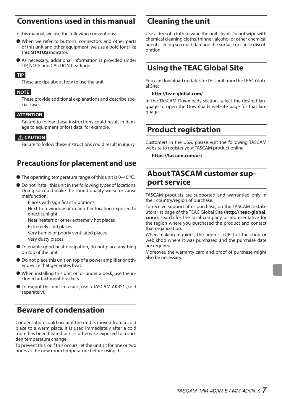 Conventions used in this manual, Precautions for placement and use, Beware of condensation | Cleaning the unit, Using the teac global site, Product registration, About tascam customer support service, About tascam customer sup- port service | Tascam MM-4D/IN-E 4-Channel Mic/Line Input Dante Converter with Built-In DSP Mixer User Manual | Page 7 / 82