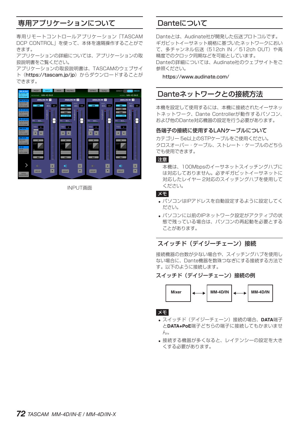 専用アプリケーションについて, Danteについて, Danteネットワークとの接続方法 | スイッチド（デイジーチェーン）接続, 専用アプリケーションについて danteについて danteネットワークとの接続方法 | Tascam MM-4D/IN-E 4-Channel Mic/Line Input Dante Converter with Built-In DSP Mixer User Manual | Page 72 / 82