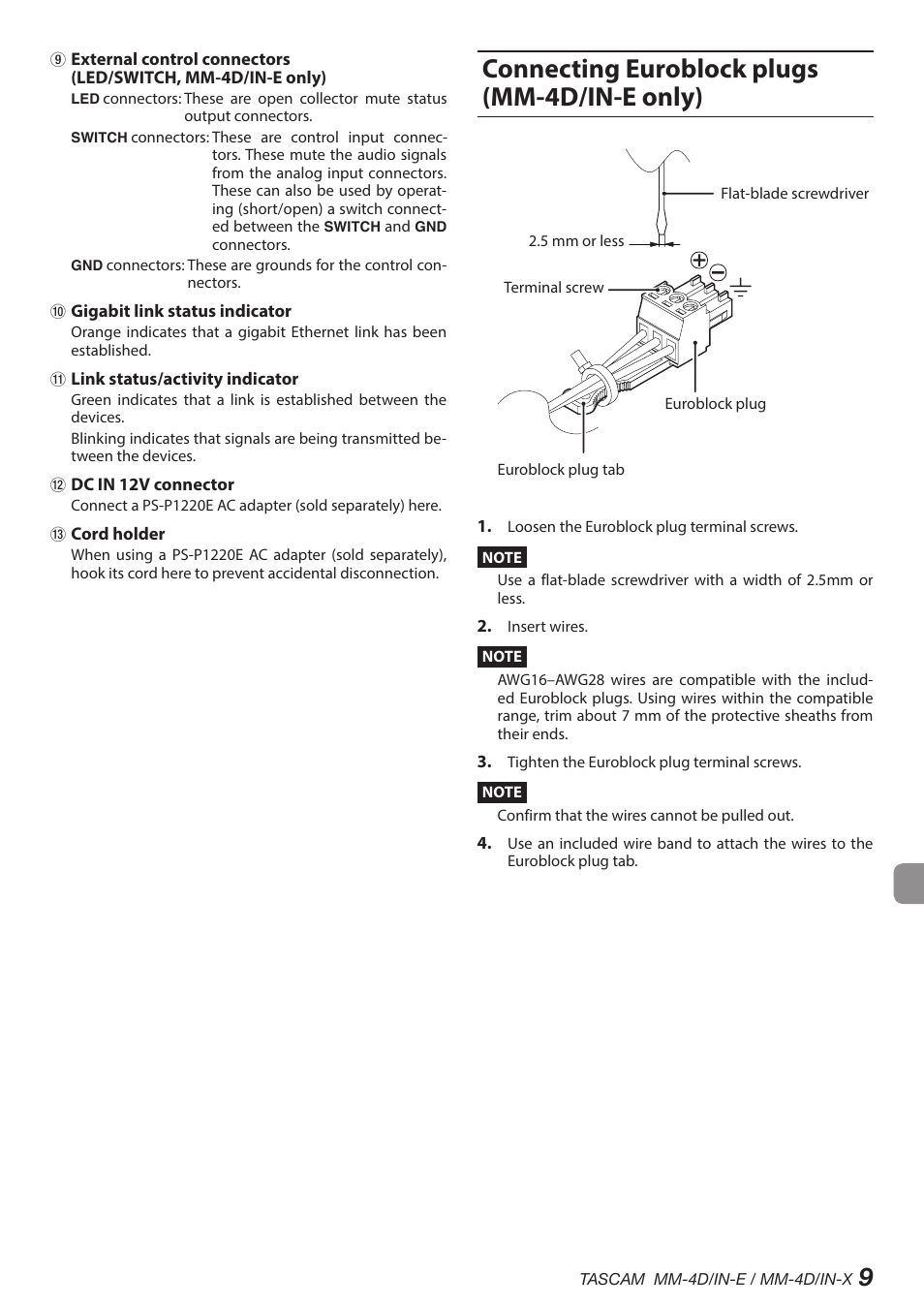 Connecting euroblock plugs (mm-4d/in-e only) | Tascam MM-4D/IN-E 4-Channel Mic/Line Input Dante Converter with Built-In DSP Mixer User Manual | Page 9 / 82