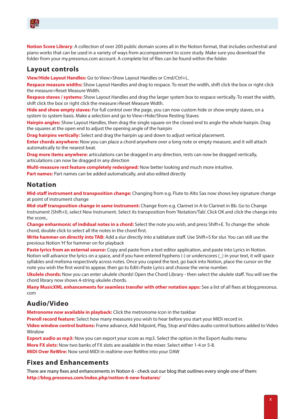 Layout controls, Notation, Audio/video | Fixes and enhancements | PreSonus Notion 6 - Notation Software (Boxed) User Manual | Page 10 / 292