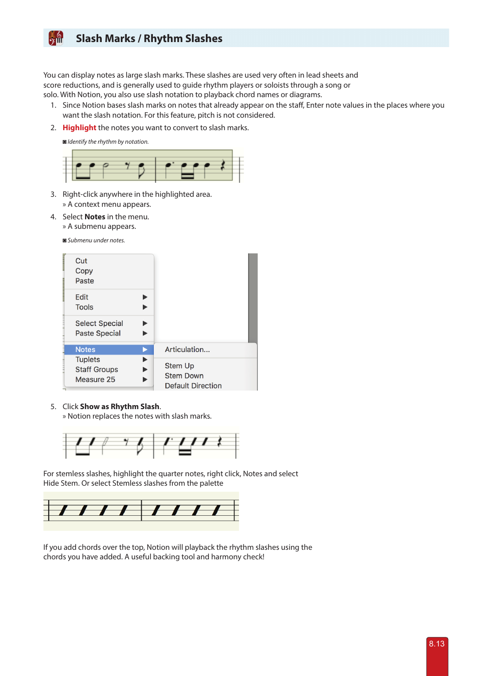 Slash marks, Slash marks / rhythm slashes | PreSonus Notion 6 - Notation Software (Boxed) User Manual | Page 126 / 292