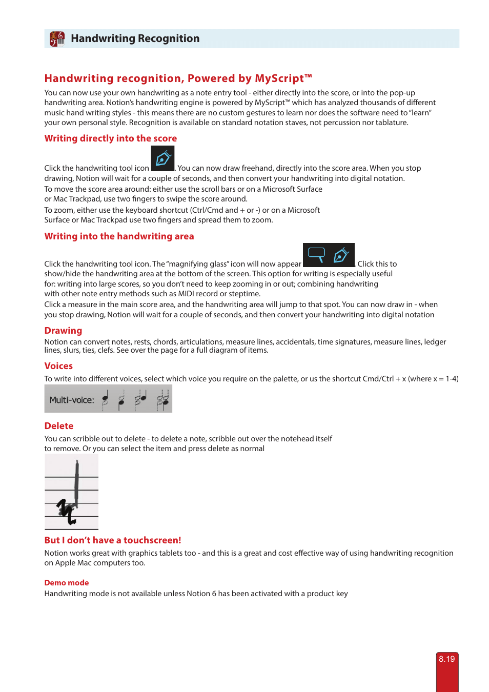 Handwriting recognition, Handwriting recognition, powered by myscript | PreSonus Notion 6 - Notation Software (Boxed) User Manual | Page 132 / 292