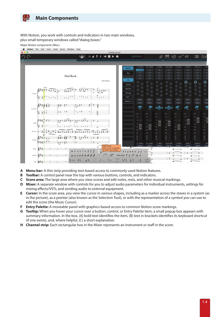 Main components, Menu bar | PreSonus Notion 6 - Notation Software (Boxed) User Manual | Page 14 / 292