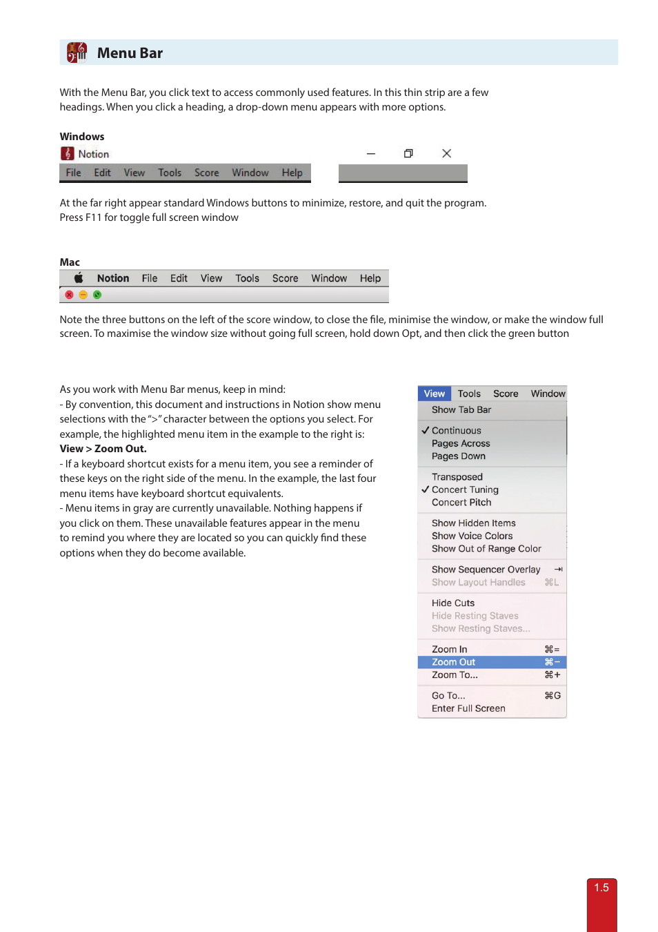 Menu bar | PreSonus Notion 6 - Notation Software (Boxed) User Manual | Page 15 / 292