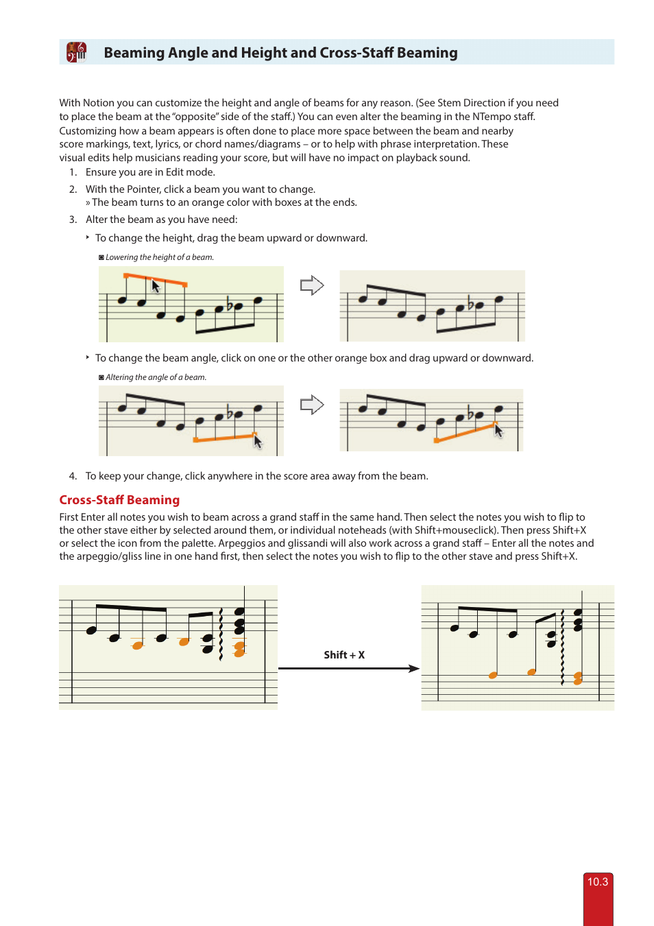 Beam angle and height, Beaming angle and height, Beaming angle and height and cross-staff beaming | Cross-staff beaming | PreSonus Notion 6 - Notation Software (Boxed) User Manual | Page 152 / 292