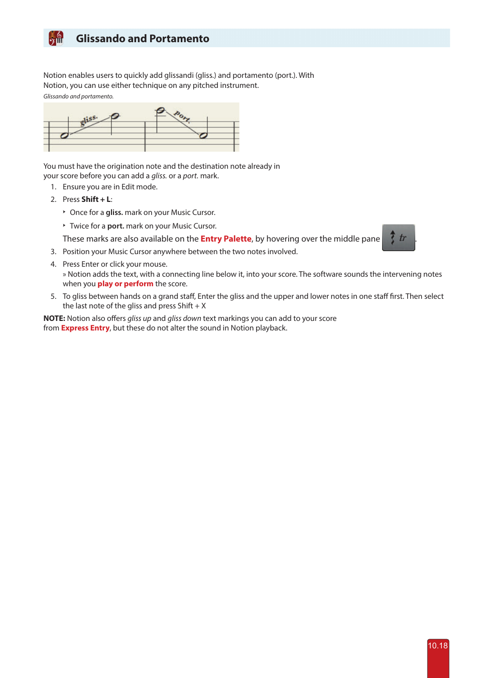Gliss and portamento, Glissando and portamento | PreSonus Notion 6 - Notation Software (Boxed) User Manual | Page 167 / 292
