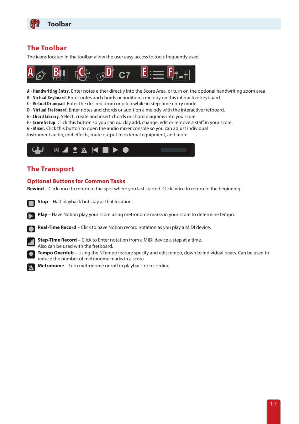 Toolbar, Toolbar the toolbar, The transport | PreSonus Notion 6 - Notation Software (Boxed) User Manual | Page 17 / 292