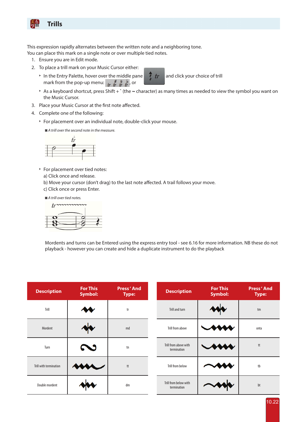 Trills, mordents and turns, Trills | PreSonus Notion 6 - Notation Software (Boxed) User Manual | Page 171 / 292