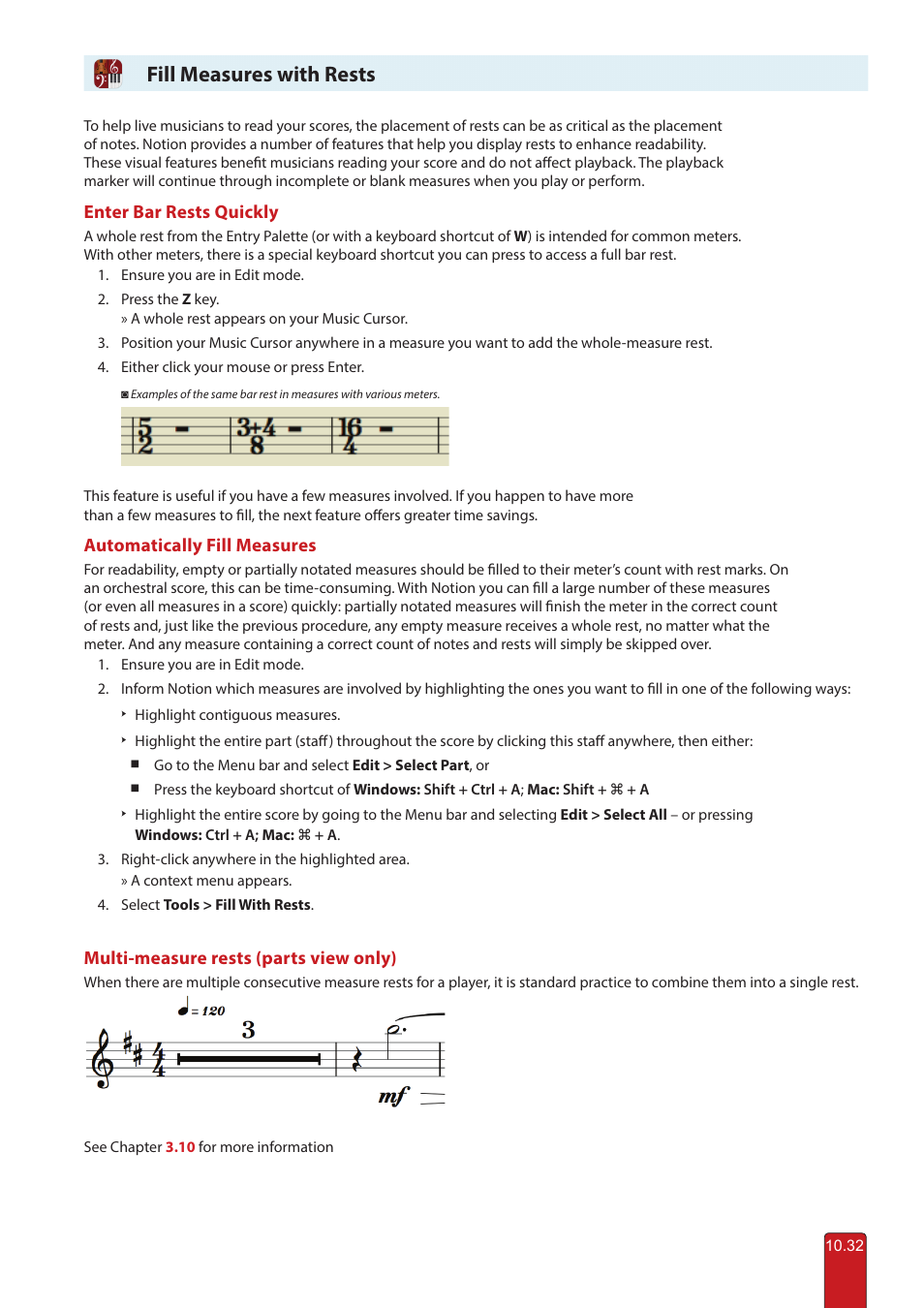 Fill measures with rests | PreSonus Notion 6 - Notation Software (Boxed) User Manual | Page 181 / 292