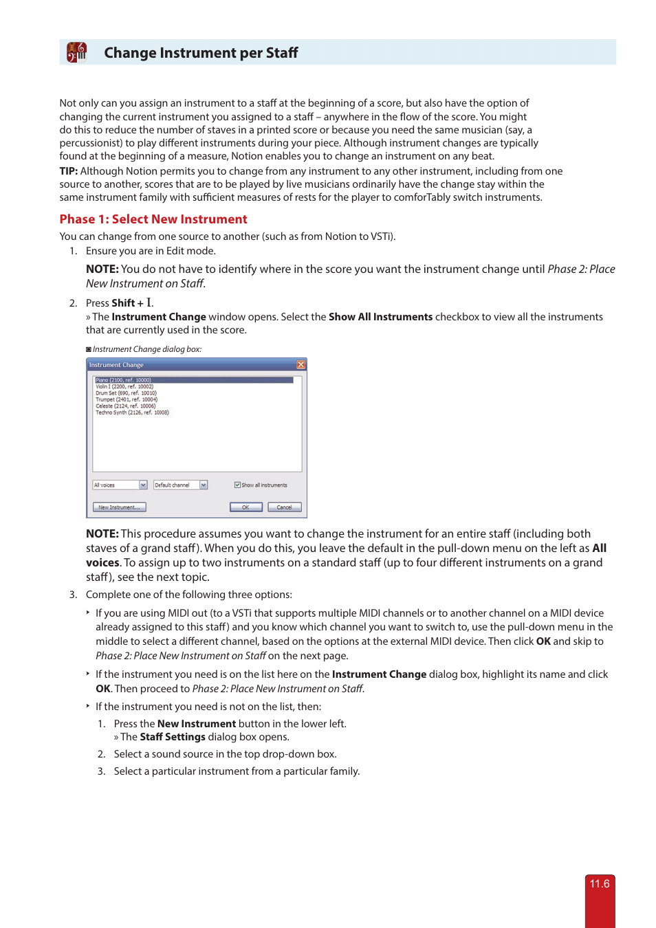 Change instrument per staff | PreSonus Notion 6 - Notation Software (Boxed) User Manual | Page 187 / 292