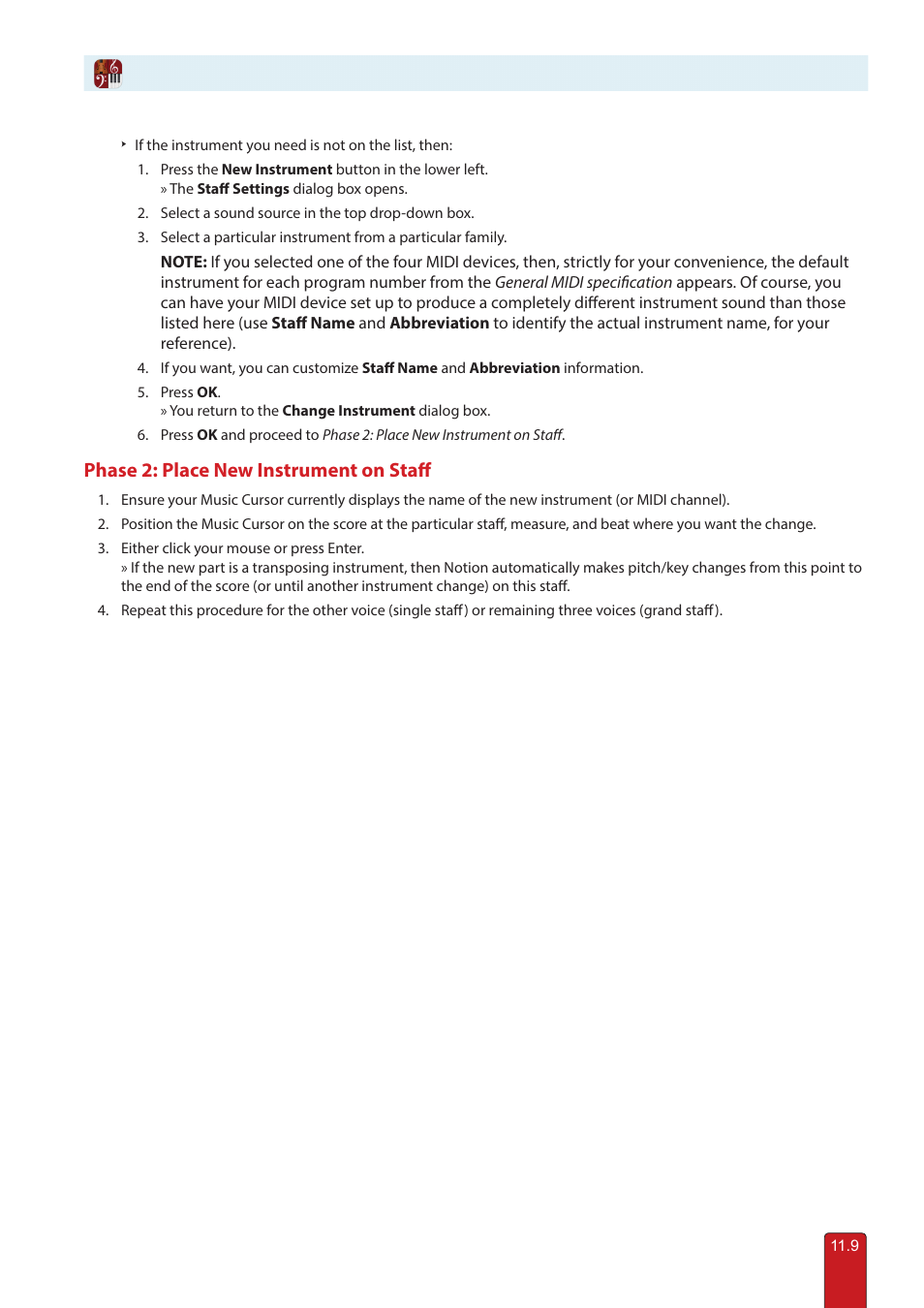 Phase 2: place new instrument on staff | PreSonus Notion 6 - Notation Software (Boxed) User Manual | Page 190 / 292