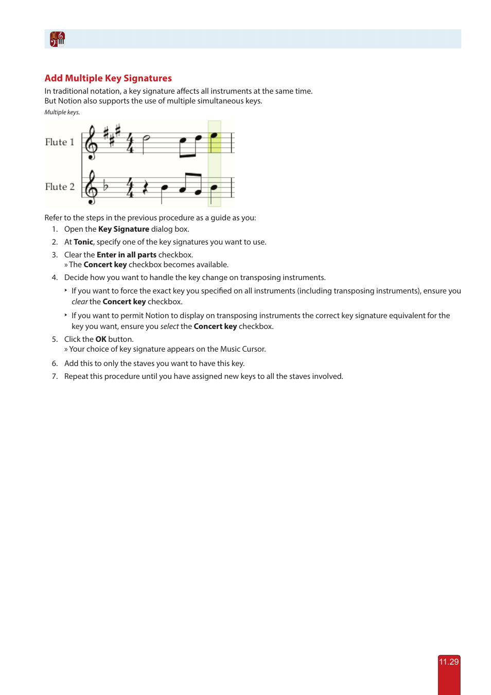 Add multiple key signatures | PreSonus Notion 6 - Notation Software (Boxed) User Manual | Page 210 / 292