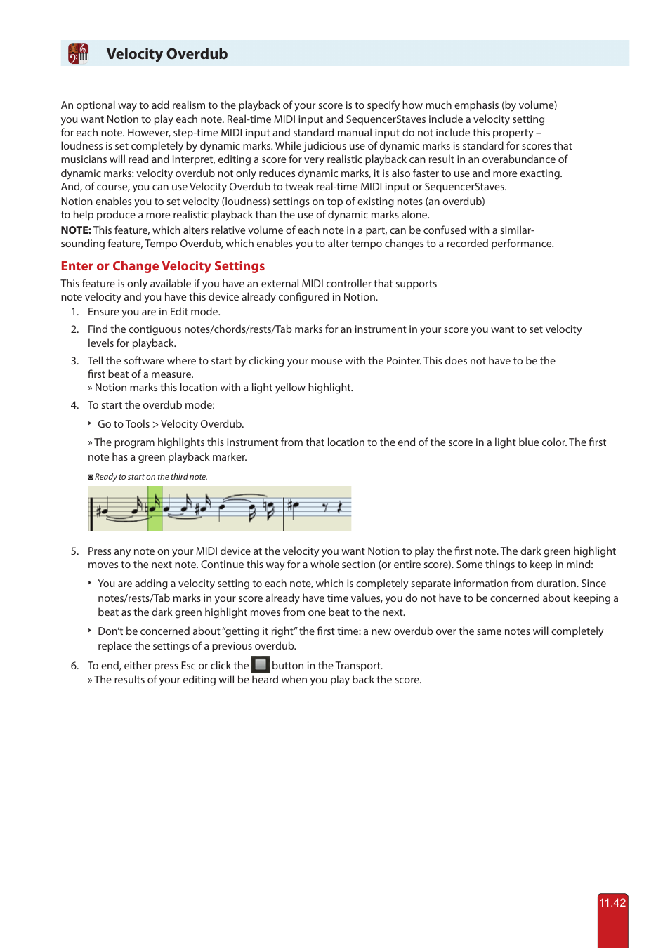 Velocity overdub | PreSonus Notion 6 - Notation Software (Boxed) User Manual | Page 223 / 292