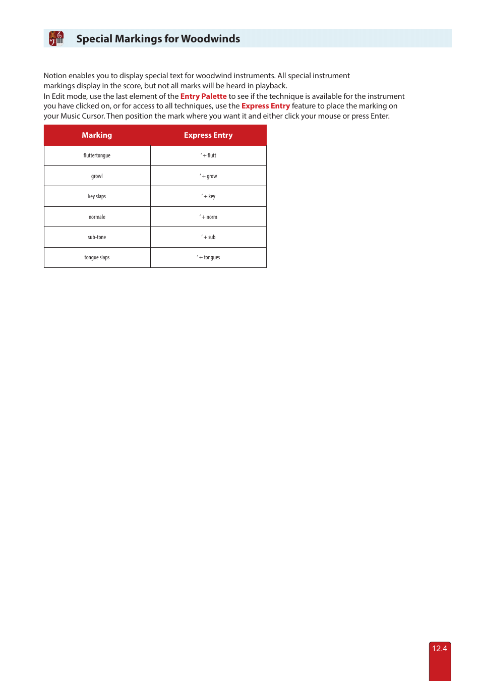 Woodwinds, Special markings for woodwinds | PreSonus Notion 6 - Notation Software (Boxed) User Manual | Page 227 / 292