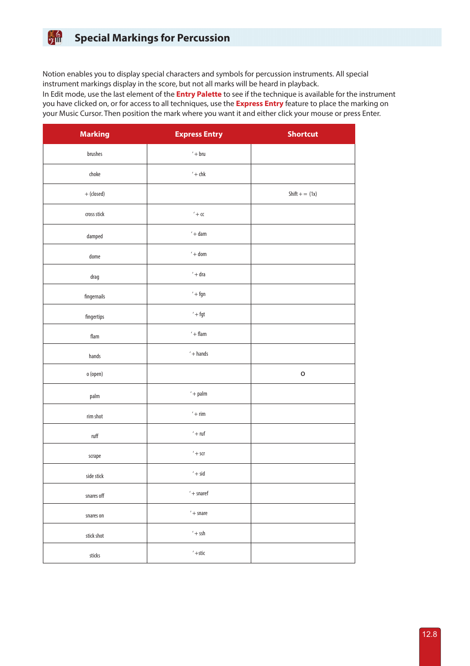 Percussion, Special markings for percussion | PreSonus Notion 6 - Notation Software (Boxed) User Manual | Page 231 / 292