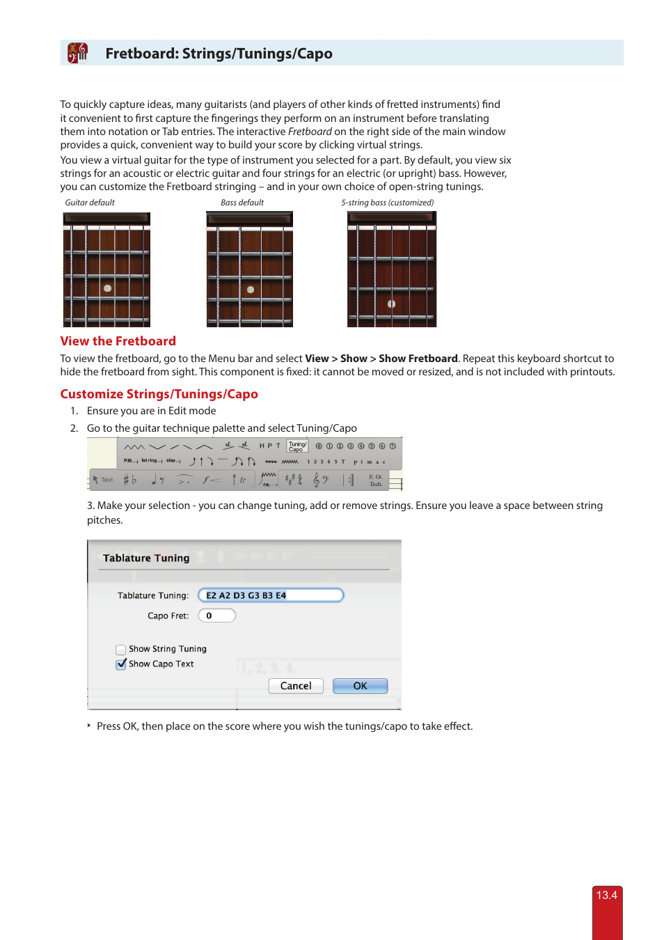 Fretboard: strings/tunings, Fretboard: strings/tunings/capo, View the fretboard | Customize strings/tunings/capo | PreSonus Notion 6 - Notation Software (Boxed) User Manual | Page 241 / 292