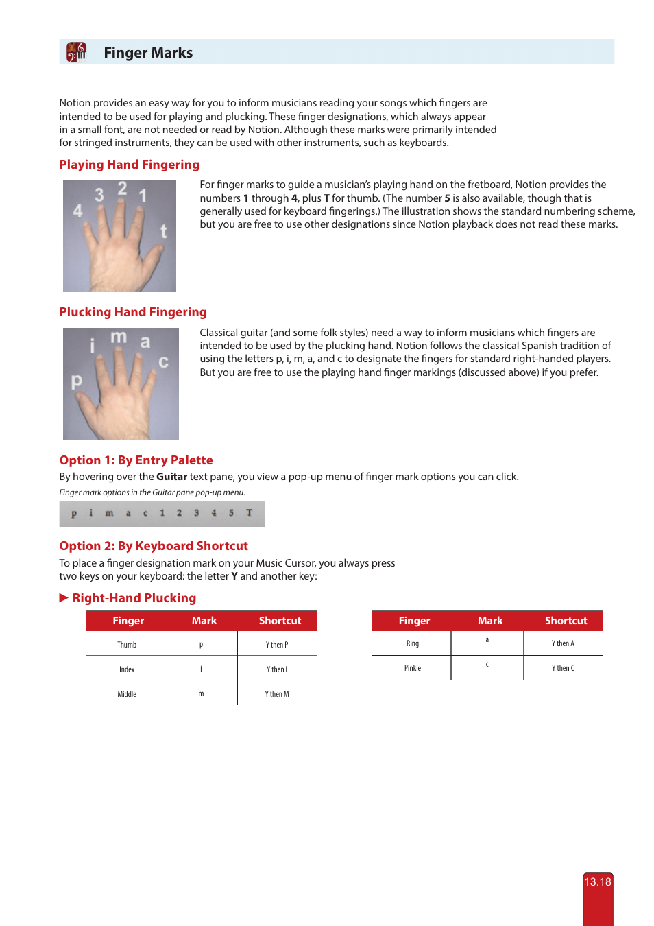 Finger marks, Playing hand fingering, Plucking hand fingering | Option 1: by entry palette, Option 2: by keyboard shortcut, Right-hand plucking | PreSonus Notion 6 - Notation Software (Boxed) User Manual | Page 255 / 292