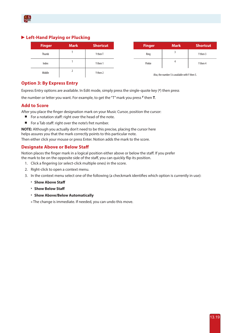 Left-hand playing or plucking, Option 3: by express entry, Add to score | Designate above or below staff | PreSonus Notion 6 - Notation Software (Boxed) User Manual | Page 256 / 292