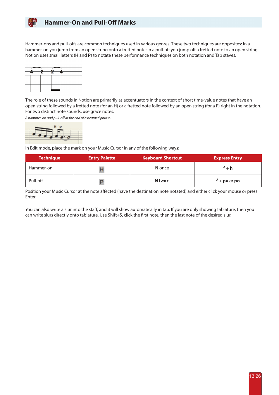 Hammer-on / pull-off, Hammer-ons and pull-off marks, Hammer-on and pull-off marks | PreSonus Notion 6 - Notation Software (Boxed) User Manual | Page 263 / 292