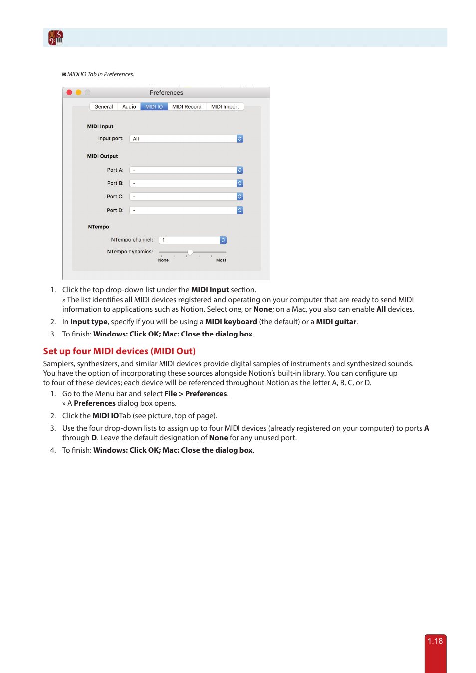 Set up four midi devices (midi out) | PreSonus Notion 6 - Notation Software (Boxed) User Manual | Page 28 / 292