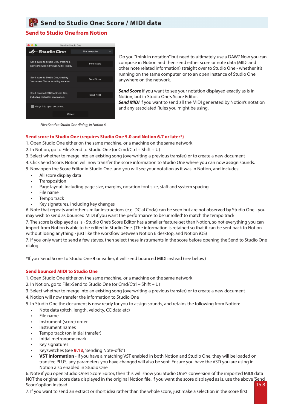 Send to studio one: score / midi data | PreSonus Notion 6 - Notation Software (Boxed) User Manual | Page 280 / 292