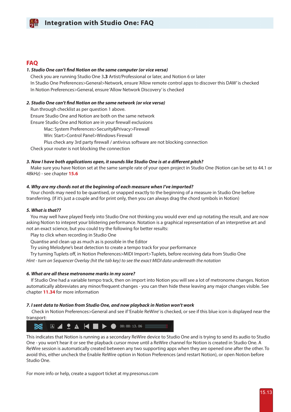 Integration with studio one: faq | PreSonus Notion 6 - Notation Software (Boxed) User Manual | Page 285 / 292