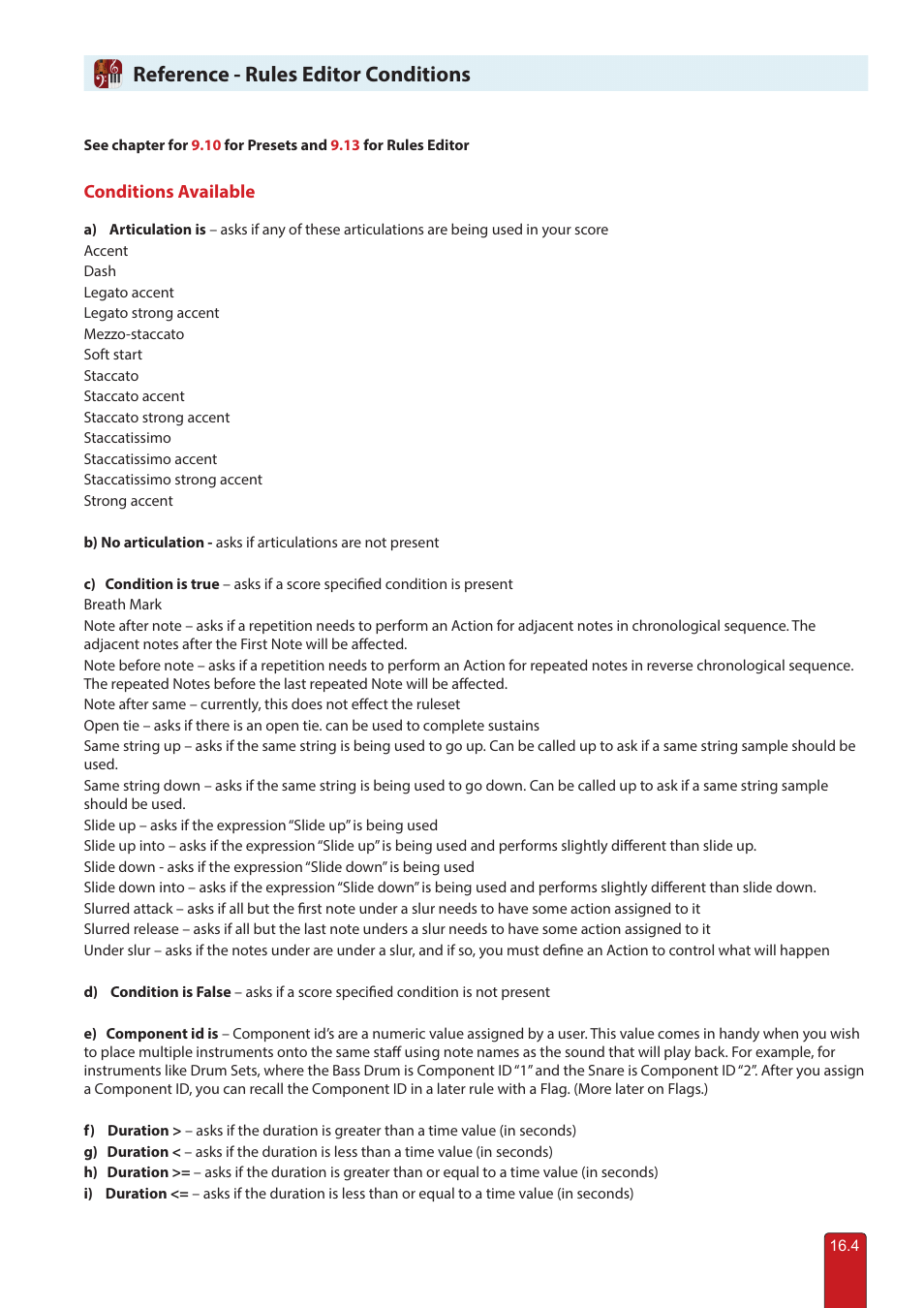 Rules editor conditions, Reference - rules editor conditions | PreSonus Notion 6 - Notation Software (Boxed) User Manual | Page 289 / 292