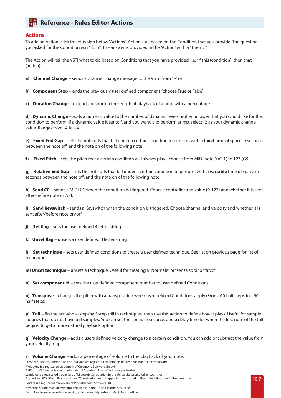 Rules editor actions, Acknowledgements, Rules editor a | Tions, Reference - rules editor actions | PreSonus Notion 6 - Notation Software (Boxed) User Manual | Page 292 / 292