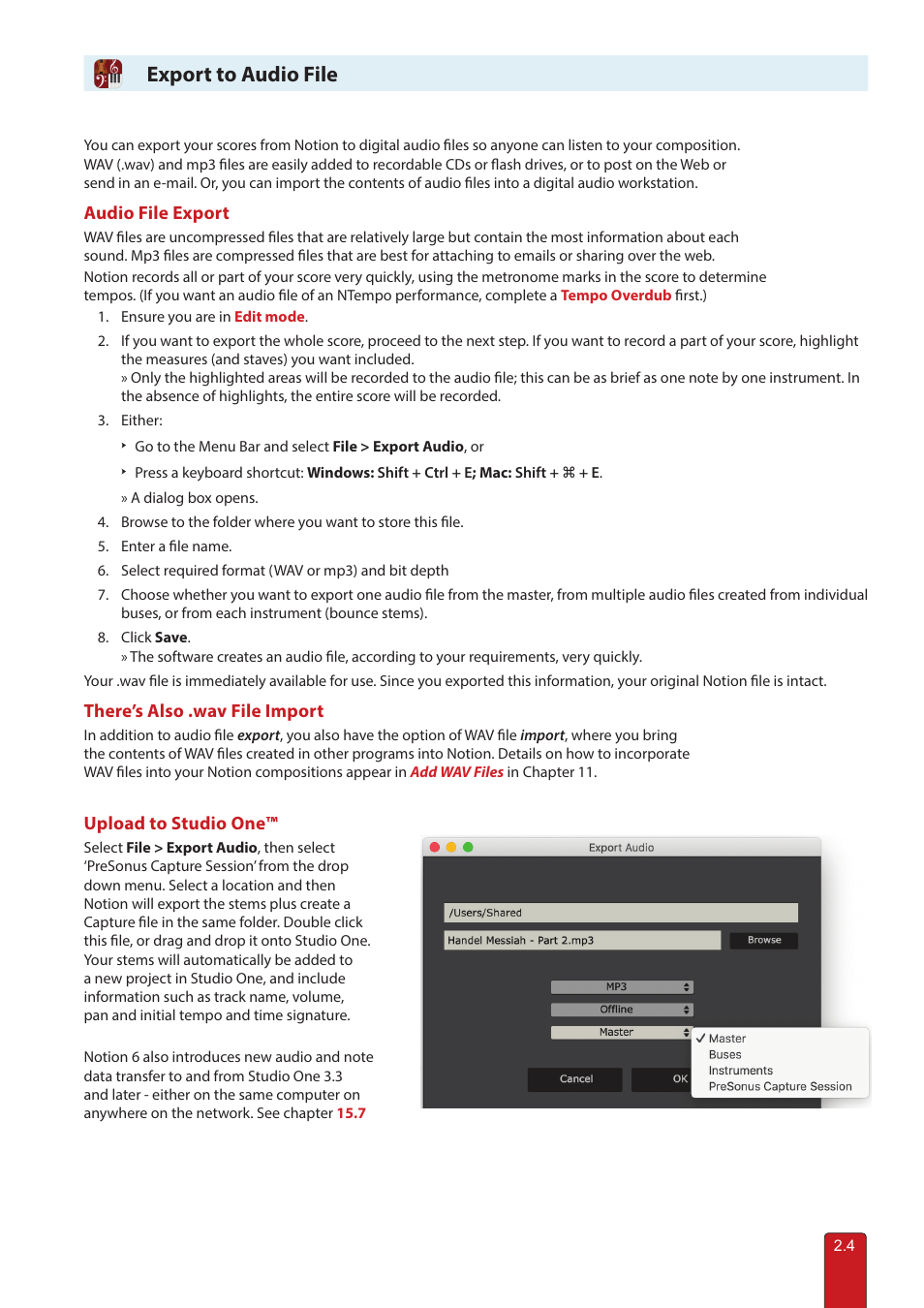 Export to audio, Export to audio file | PreSonus Notion 6 - Notation Software (Boxed) User Manual | Page 33 / 292