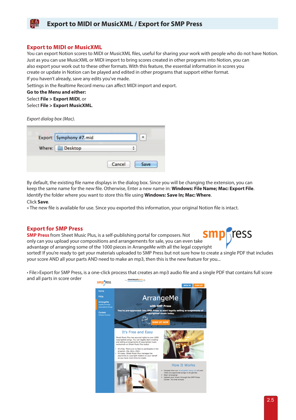 Export for smp press, Export to midi / musicxml, Export to midi or musicxml files | Export to midi or musicxml / export for smp press | PreSonus Notion 6 - Notation Software (Boxed) User Manual | Page 34 / 292