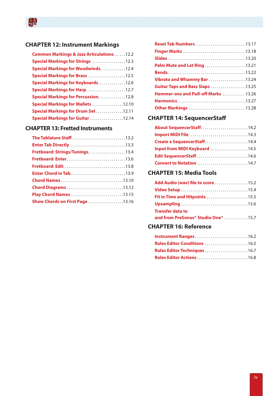 Chapter 12: instrument markings, Chapter 13: fretted instruments, Chapter 14: sequencerstaff | Chapter 15: media tools, Chapter 16: reference | PreSonus Notion 6 - Notation Software (Boxed) User Manual | Page 4 / 292