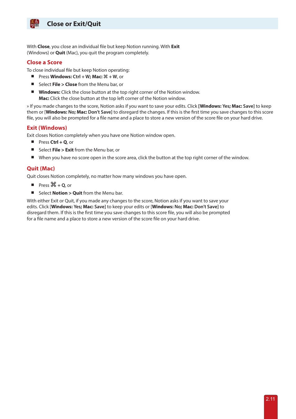 Close or exit/quit, Close or exit (quit) | PreSonus Notion 6 - Notation Software (Boxed) User Manual | Page 40 / 292