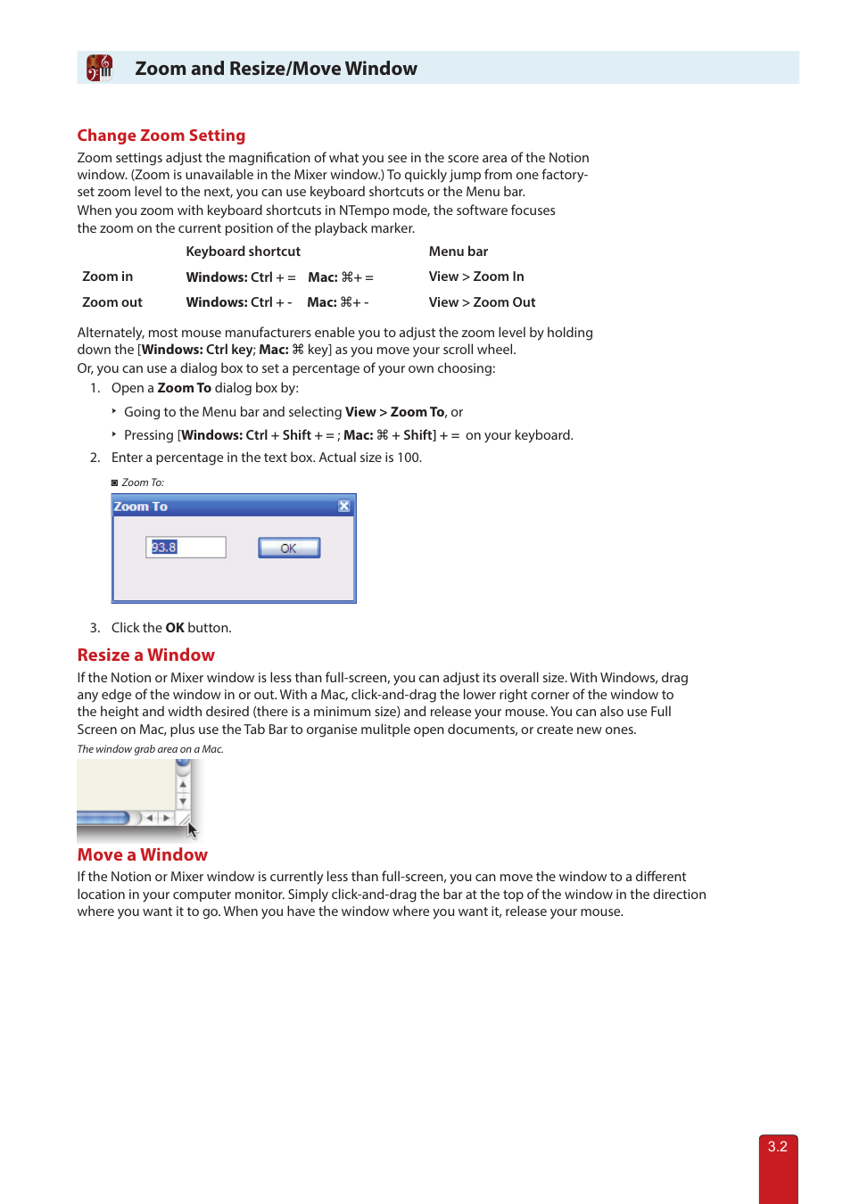 Zoom / resize / move window, Zoom and resize/move window, Resize a window | Move a window | PreSonus Notion 6 - Notation Software (Boxed) User Manual | Page 42 / 292