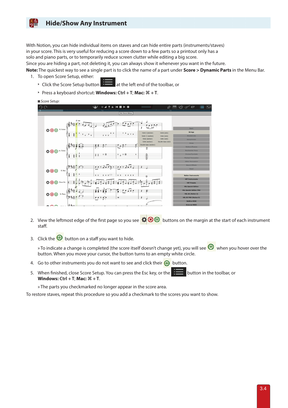 Hide/show any instrument | PreSonus Notion 6 - Notation Software (Boxed) User Manual | Page 44 / 292