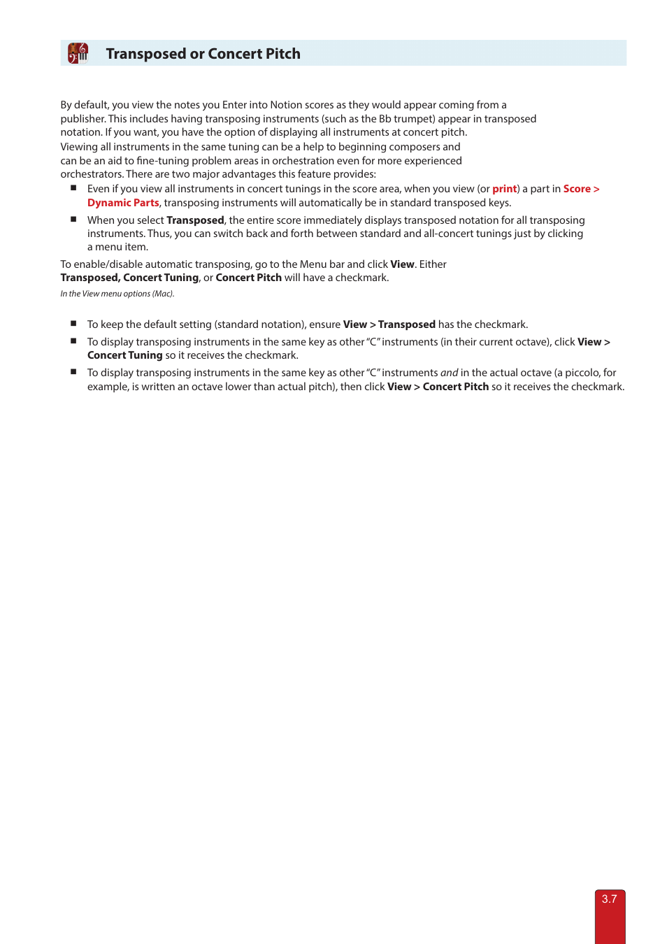 Transposed or concert pitch | PreSonus Notion 6 - Notation Software (Boxed) User Manual | Page 47 / 292