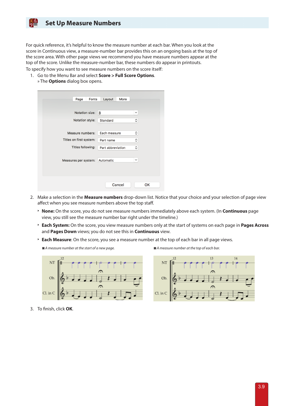 Set up measure numbers | PreSonus Notion 6 - Notation Software (Boxed) User Manual | Page 49 / 292