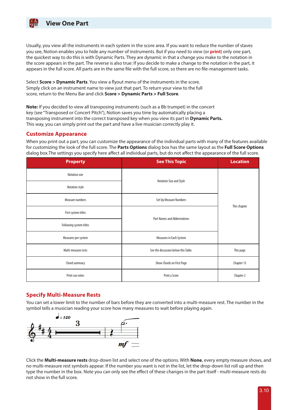 View one part, View one part / multi-measure rests, Customize appearance | Specify multi-measure rests | PreSonus Notion 6 - Notation Software (Boxed) User Manual | Page 50 / 292