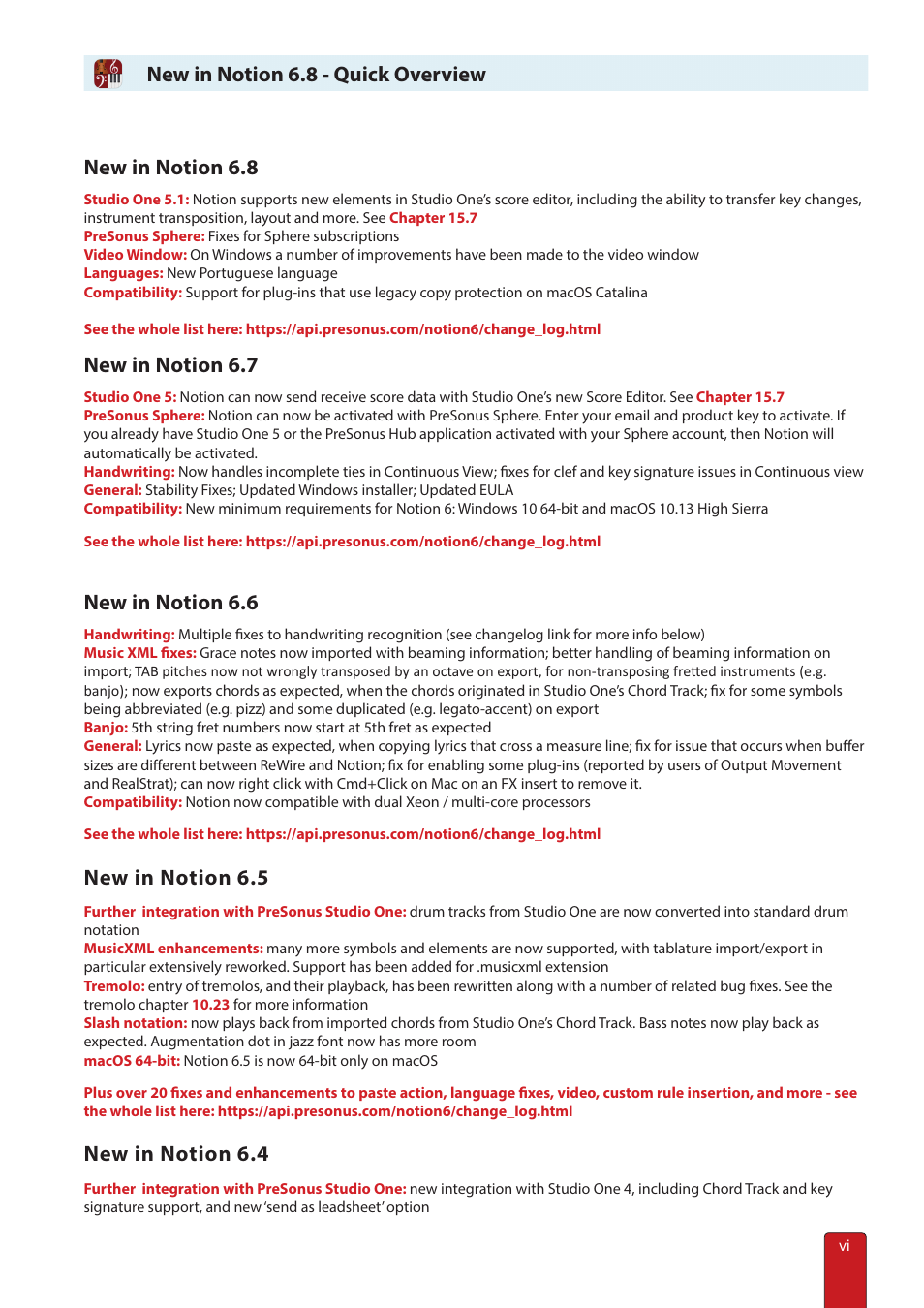 Automatic software updates, New in notion 6.8, New in notion 6.7 | New in notion 6.6, New in notion 6.5, New in notion 6.4, New in notion 6.8 - quick overview | PreSonus Notion 6 - Notation Software (Boxed) User Manual | Page 6 / 292